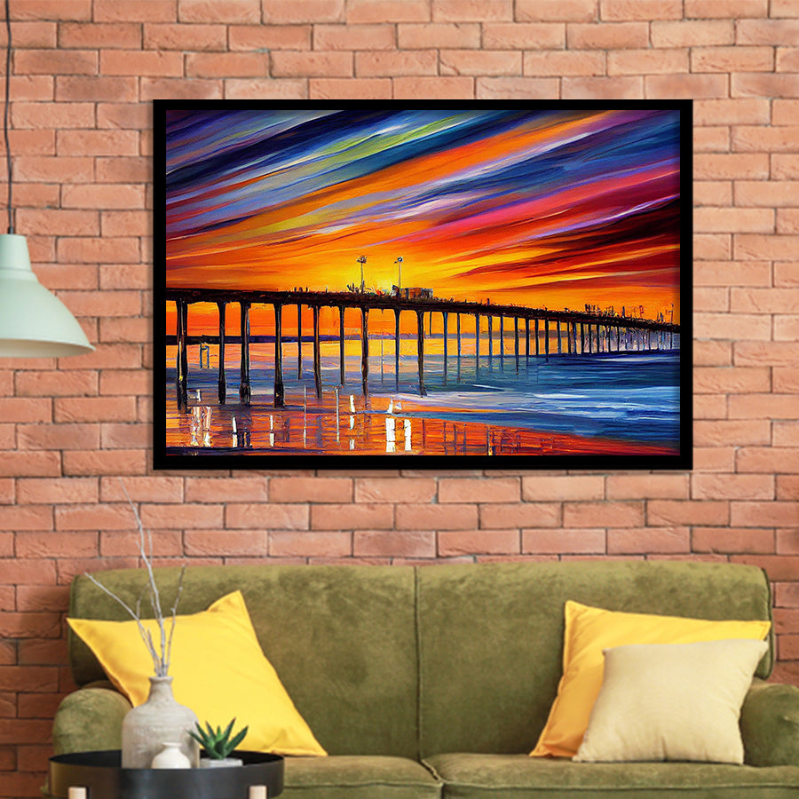 Huntington Beach Pier Skyline Huntington Beach Painting Wall Art, Sport Prints Fan Gift, Framed Art Prints Wall Art Decor
