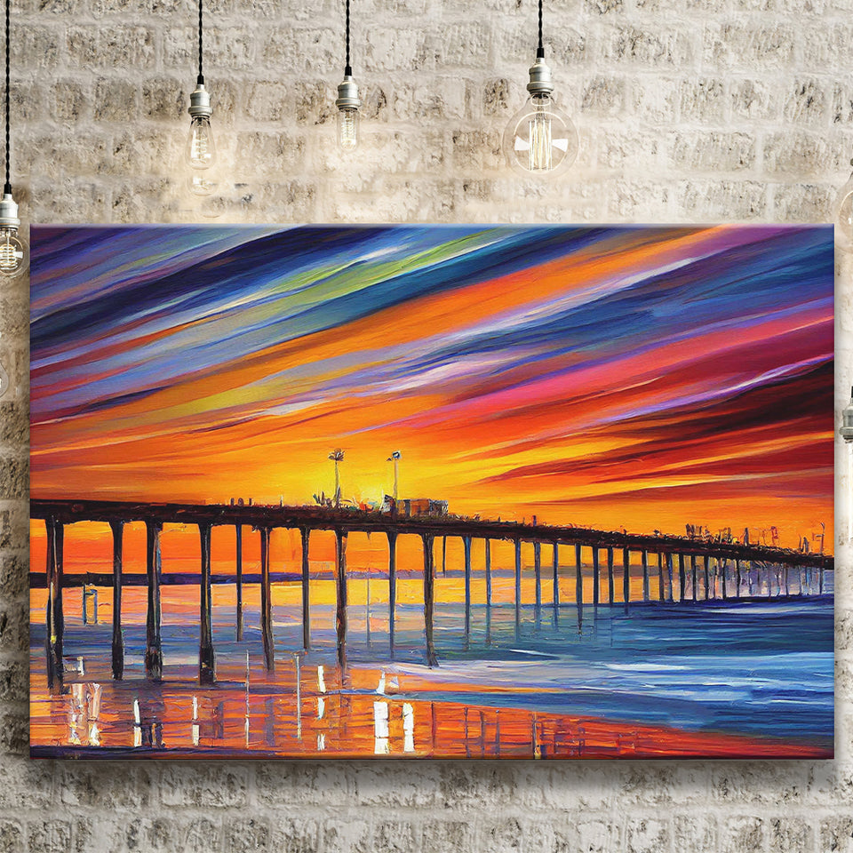 Huntington Beach Pier Skyline Huntington Beach Painting Wall Art, Sport Art Prints Fan Gift, Canvas Prints Wall Art Decor