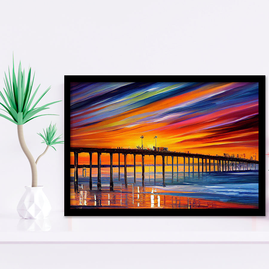 Huntington Beach Pier Skyline Huntington Beach Painting Wall Art, Sport Prints Fan Gift, Framed Art Prints Wall Art Decor