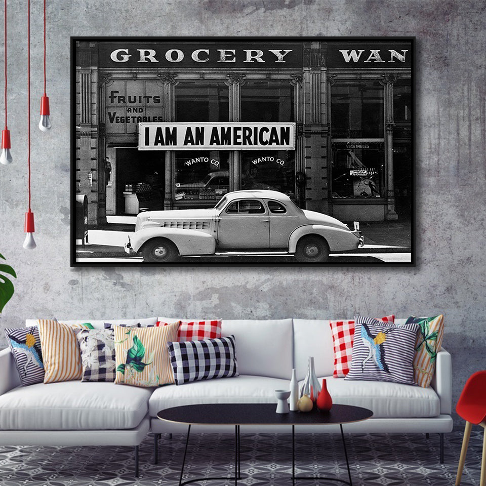 I Am An American Black And White Print, Dorothea Lange Photograph Framed Canvas Prints Wall Art Home Decor,Floating Frame