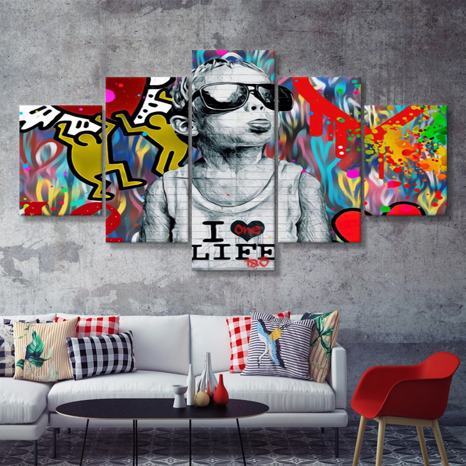 I Love Life Banksy Graffiti Wall 5 Piece Canvas Prints Wall Art - Painting Prints, Wall Decor,Multi Panel