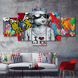I Love Life Banksy Graffiti Wall 5 Piece Canvas Prints Wall Art - Painting Prints, Wall Decor,Multi Panel