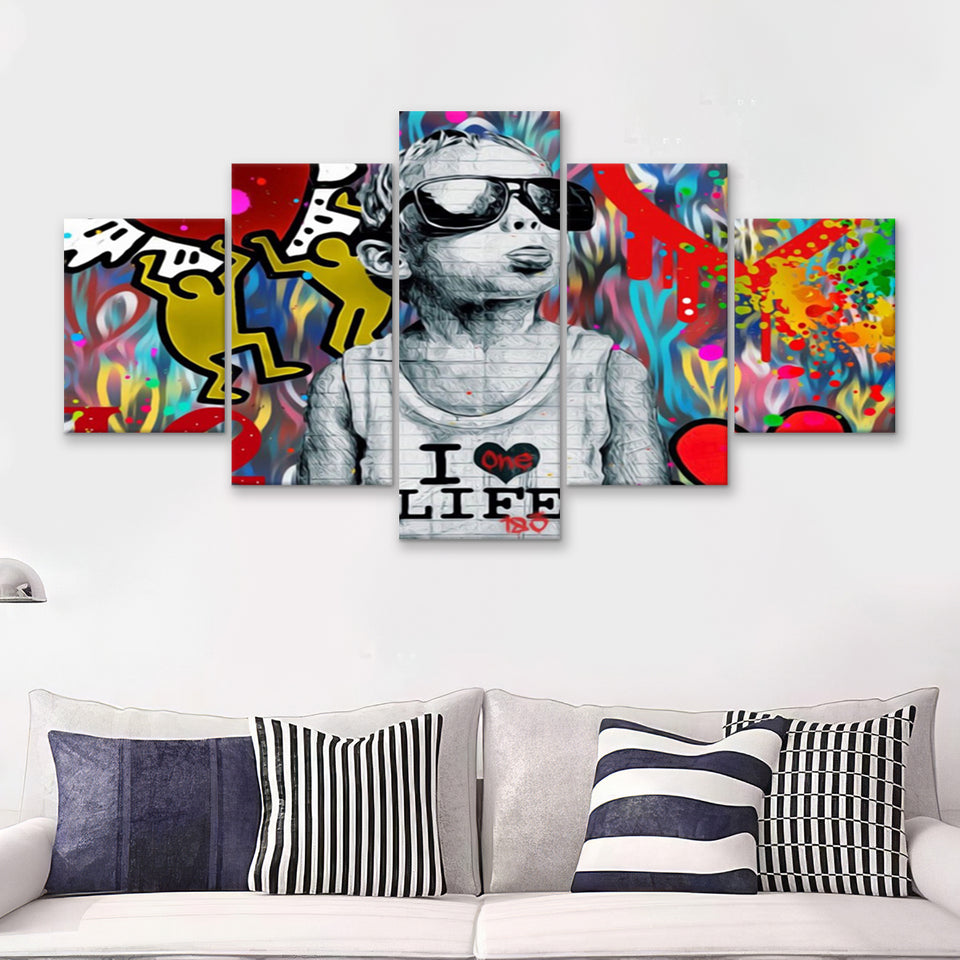 I Love Life Banksy Graffiti Wall 5 Piece Canvas Prints Wall Art - Painting Prints, Wall Decor,Multi Panel