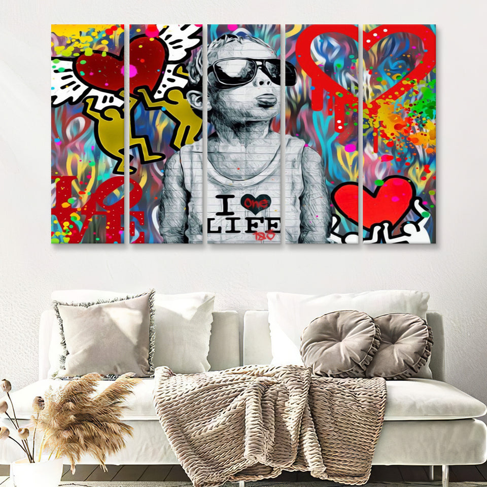 I Love Life Banksy Graffiti Wall 5 Piece Canvas Prints Wall Art - Painting Prints, Wall Decor,Multi Panels