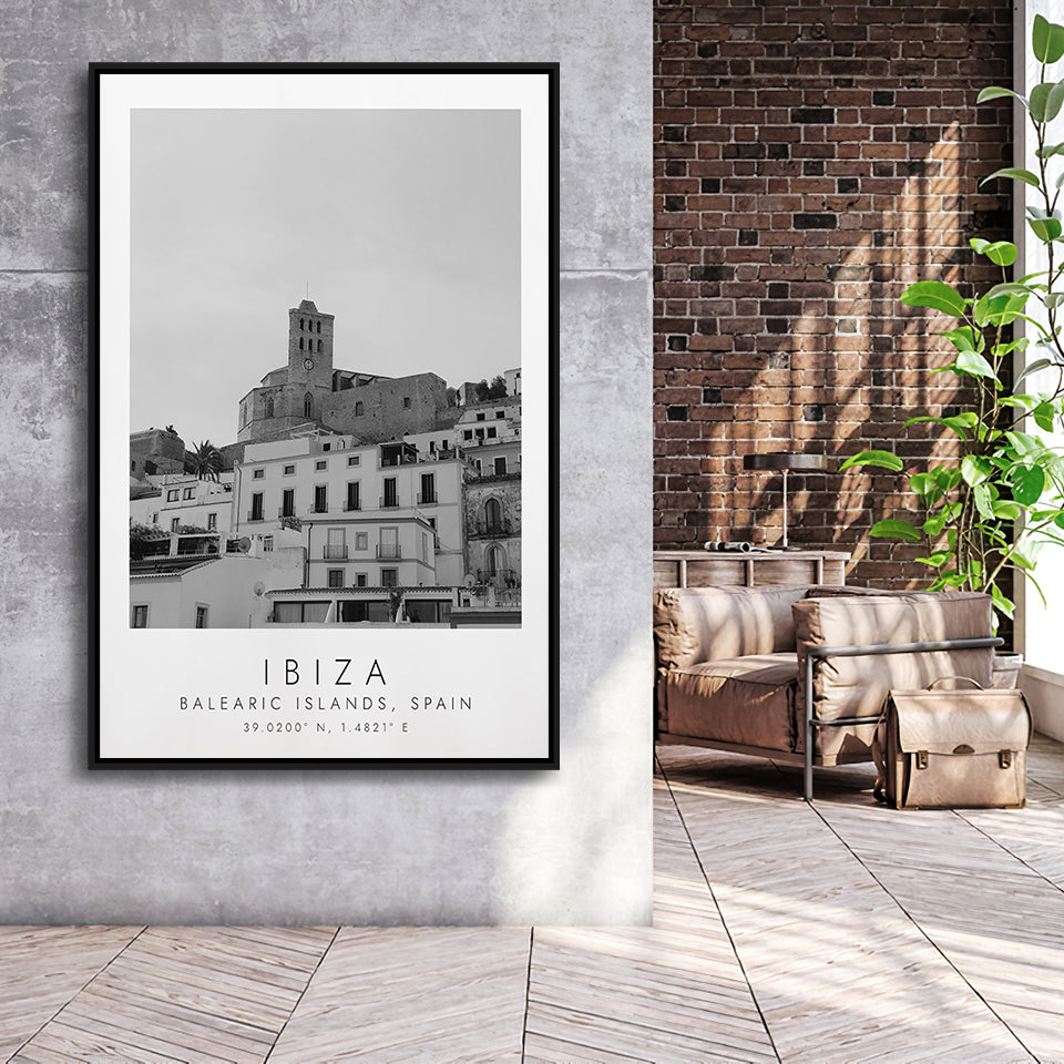 Ibiza Balearic Islands Black And White Art Framed Canvas Prints Wall Art Home Decor, Floating Frame