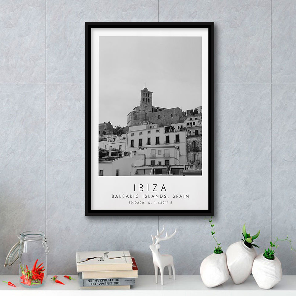 Ibiza Balearic Islands Black And White Art Framed Canvas Prints Wall Art Home Decor, Floating Frame