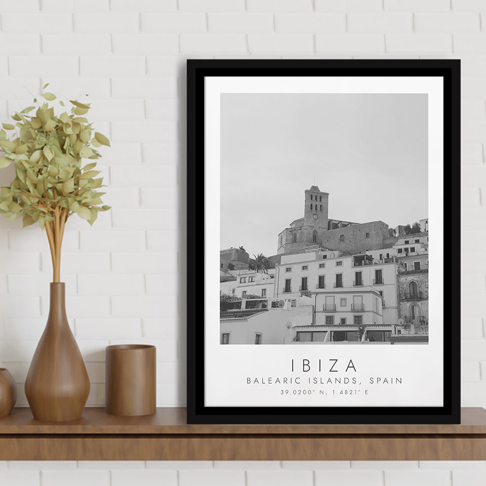 Ibiza Balearic Islands Black And White Art Framed Canvas Prints Wall Art Home Decor, Floating Frame