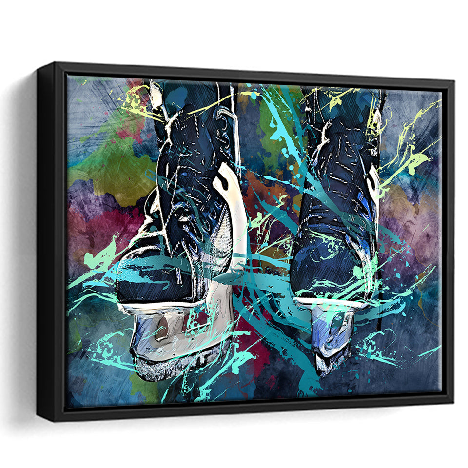 Ice Hockey Skates, Ice Hockey Framed Canvas Prints Wall Art Decor, Black Floating Frame