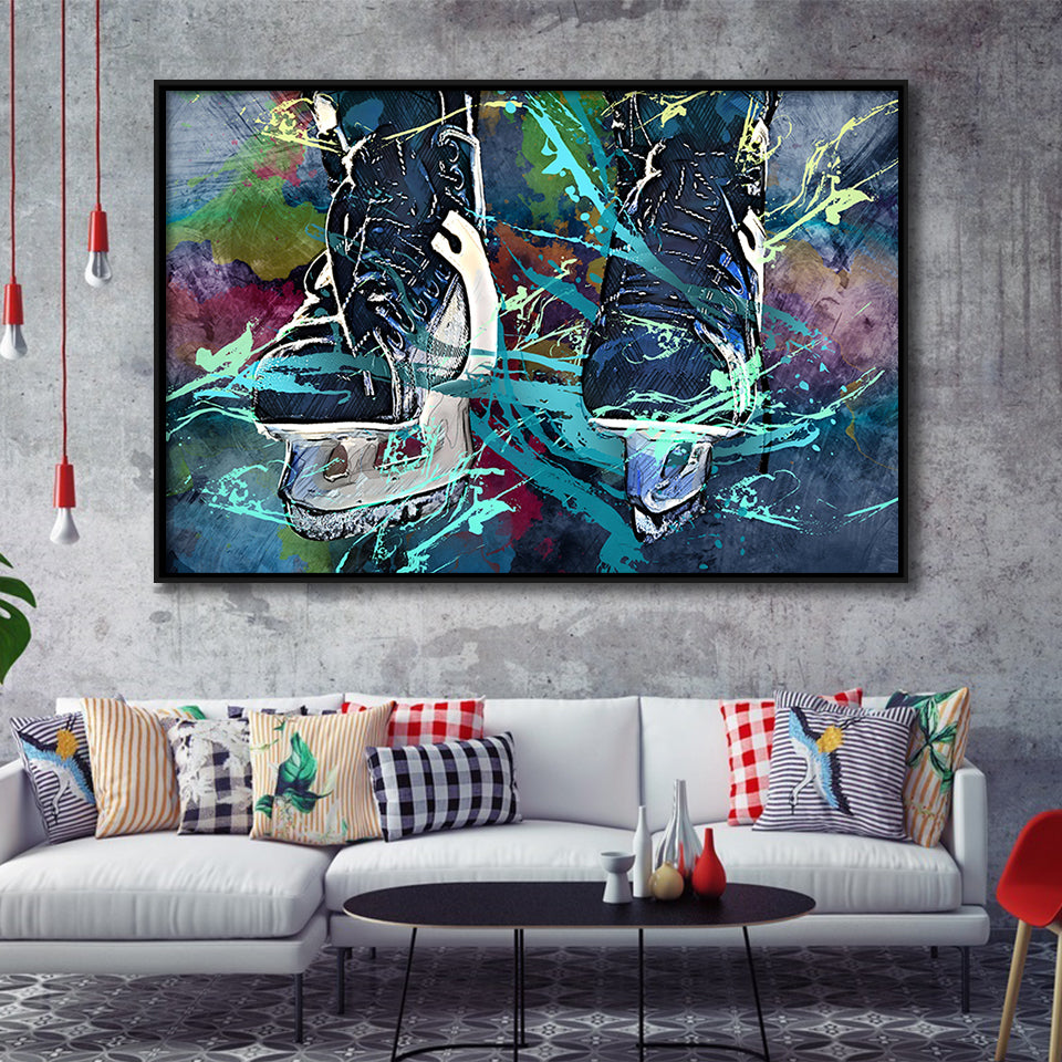 Ice Hockey Skates, Ice Hockey Framed Canvas Prints Wall Art Decor, Black Floating Frame