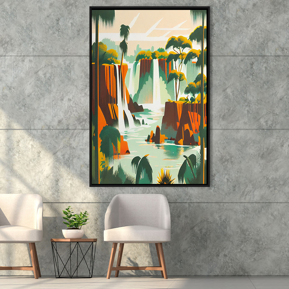 Iguazu Falls Retro Art Print, Large Canvas, Framed Canvas Print Wall Art Home Decor, Floating Frame