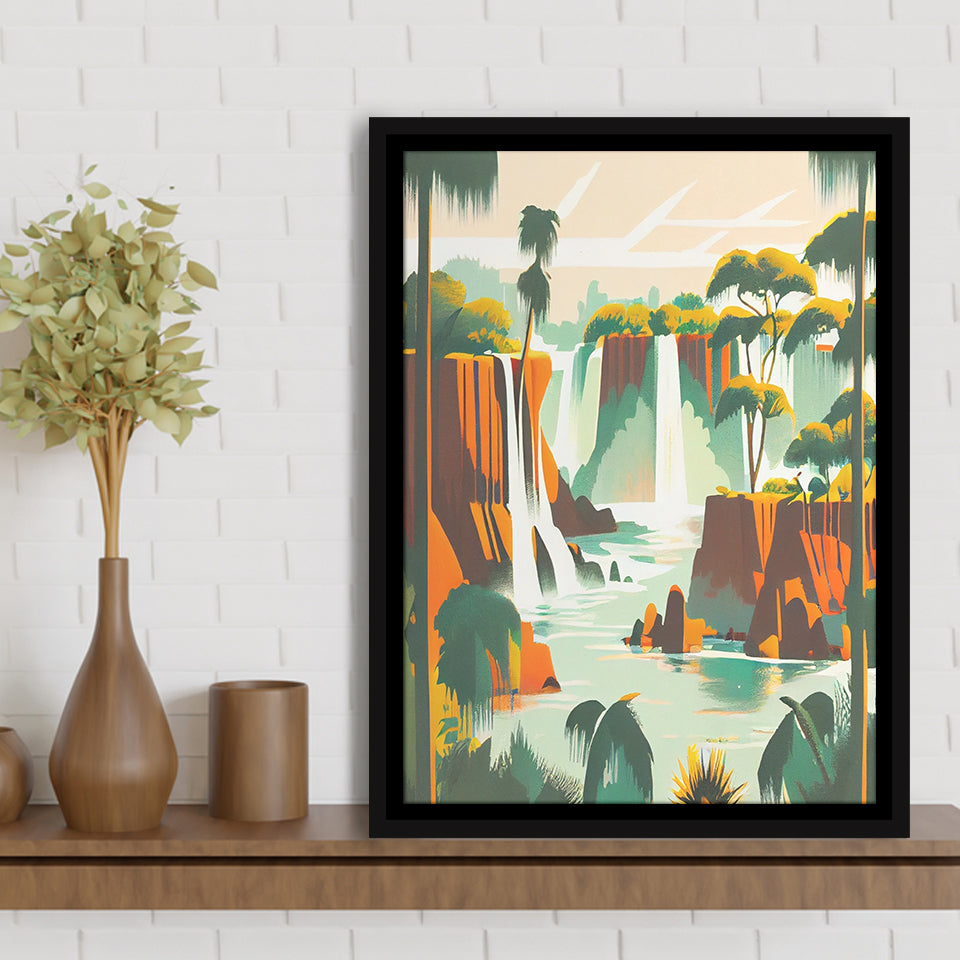 Iguazu Falls Retro Art Print, Large Canvas, Framed Canvas Print Wall Art Home Decor, Floating Frame
