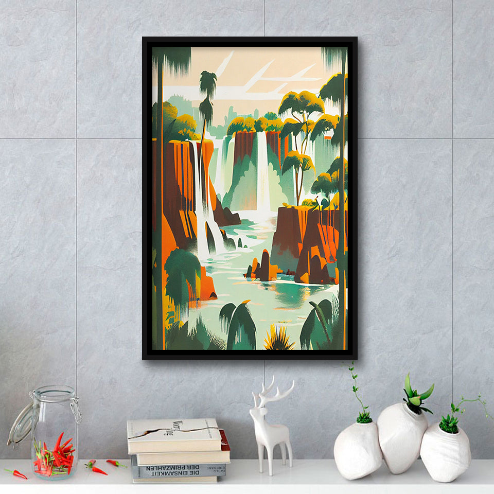 Iguazu Falls Retro Art Print, Large Canvas, Framed Canvas Print Wall Art Home Decor, Floating Frame