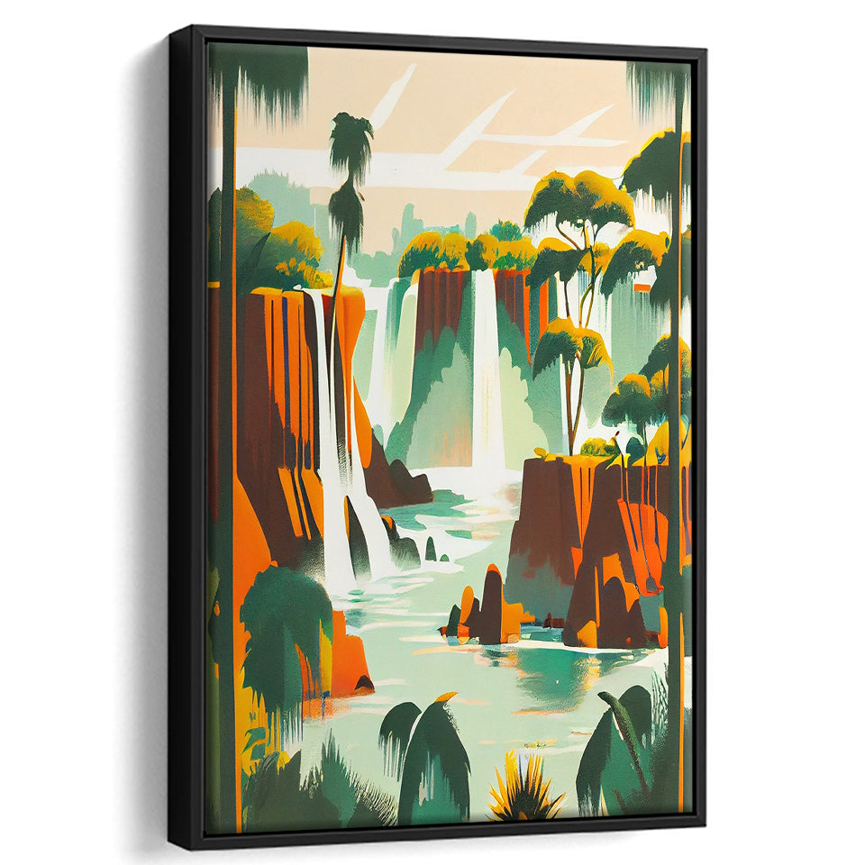 Iguazu Falls Retro Art Print, Large Canvas, Framed Canvas Print Wall Art Home Decor, Floating Frame
