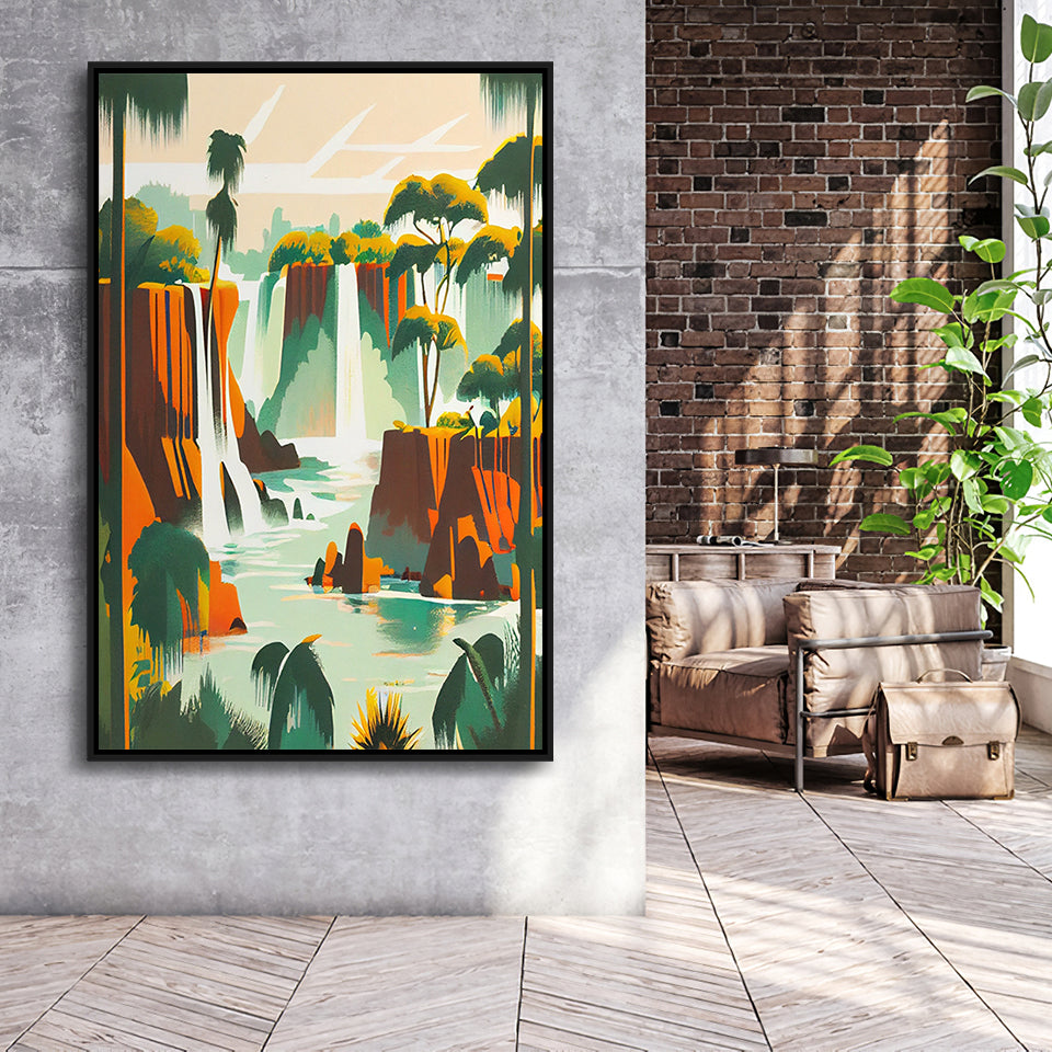 Iguazu Falls Retro Art Print, Large Canvas, Framed Canvas Print Wall Art Home Decor, Floating Frame