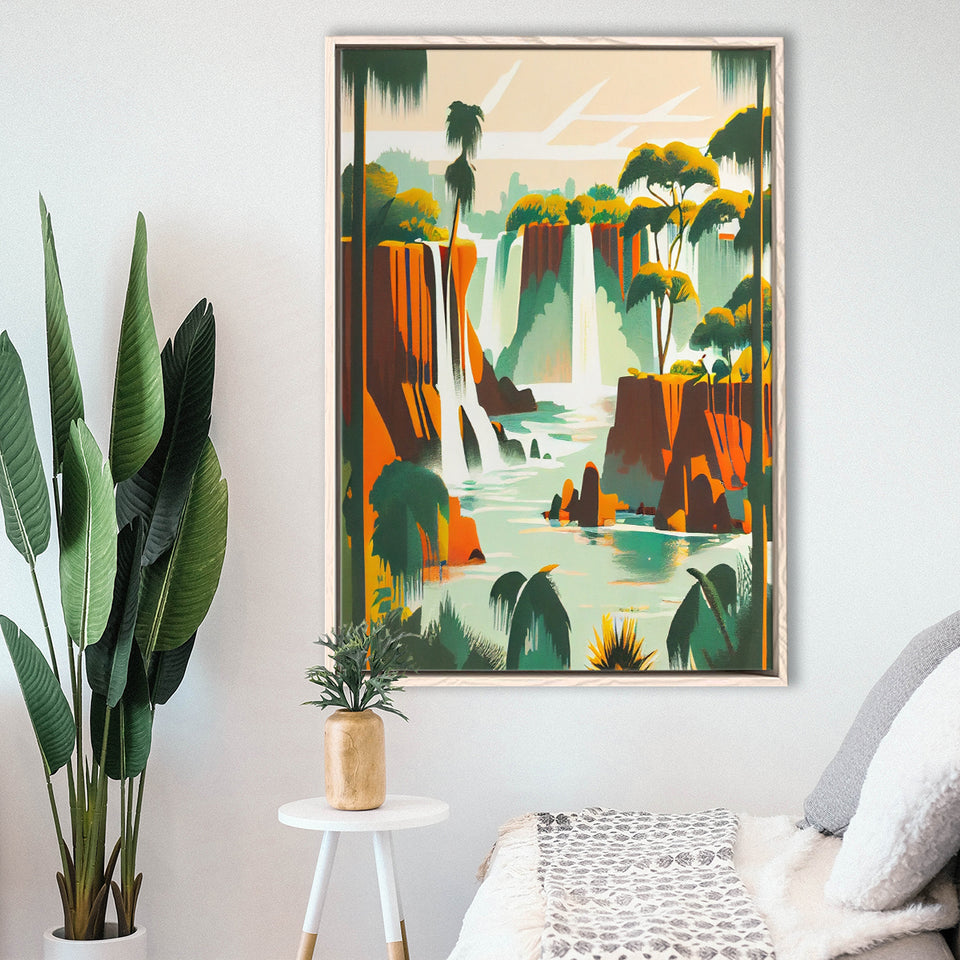 Iguazu Falls Retro Art Print, Large Canvas, Framed Canvas Print Wall Art Home Decor, Floating Frame