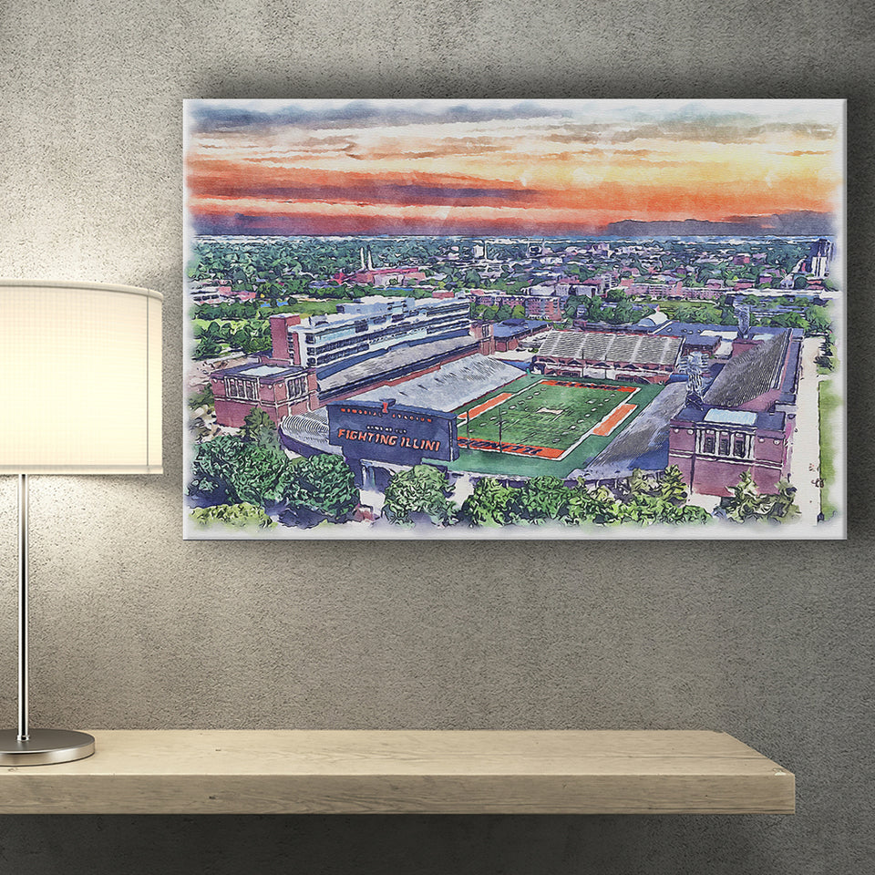 Illinois Fighting Illinois Memorial Stadium Watercolor, Sport Art Prints Fan Gift, Canvas Prints Wall Art Decor