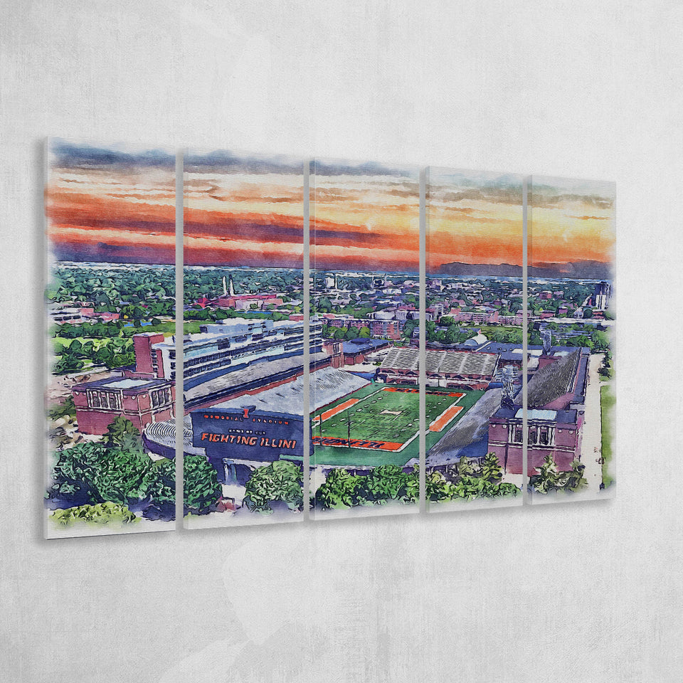 Illinois Fighting Illinois Memorial Stadium Watercolor, 5 Pieces B, Multi Panel Canvas Prints Wall Art Decor