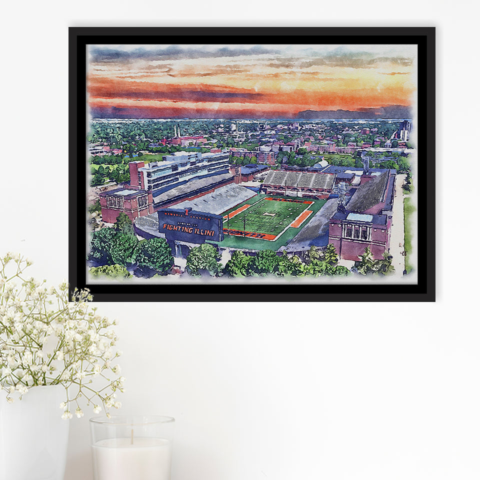 Illinois Fighting Illinois Memorial Stadium Watercolor, Sport Art Prints Fan Gift, Framed Canvas Prints Wall Art Decor
