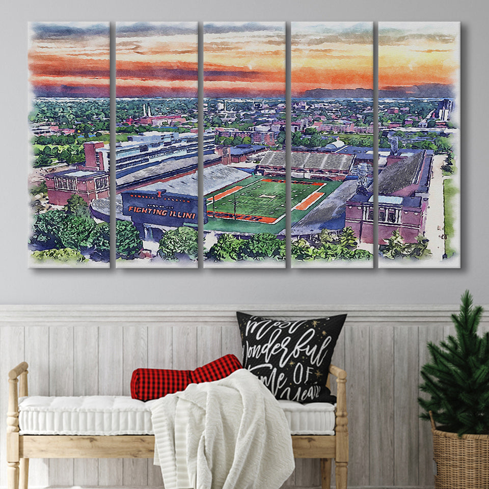 Illinois Fighting Illinois Memorial Stadium Watercolor, 5 Pieces B, Multi Panel Canvas Prints Wall Art Decor
