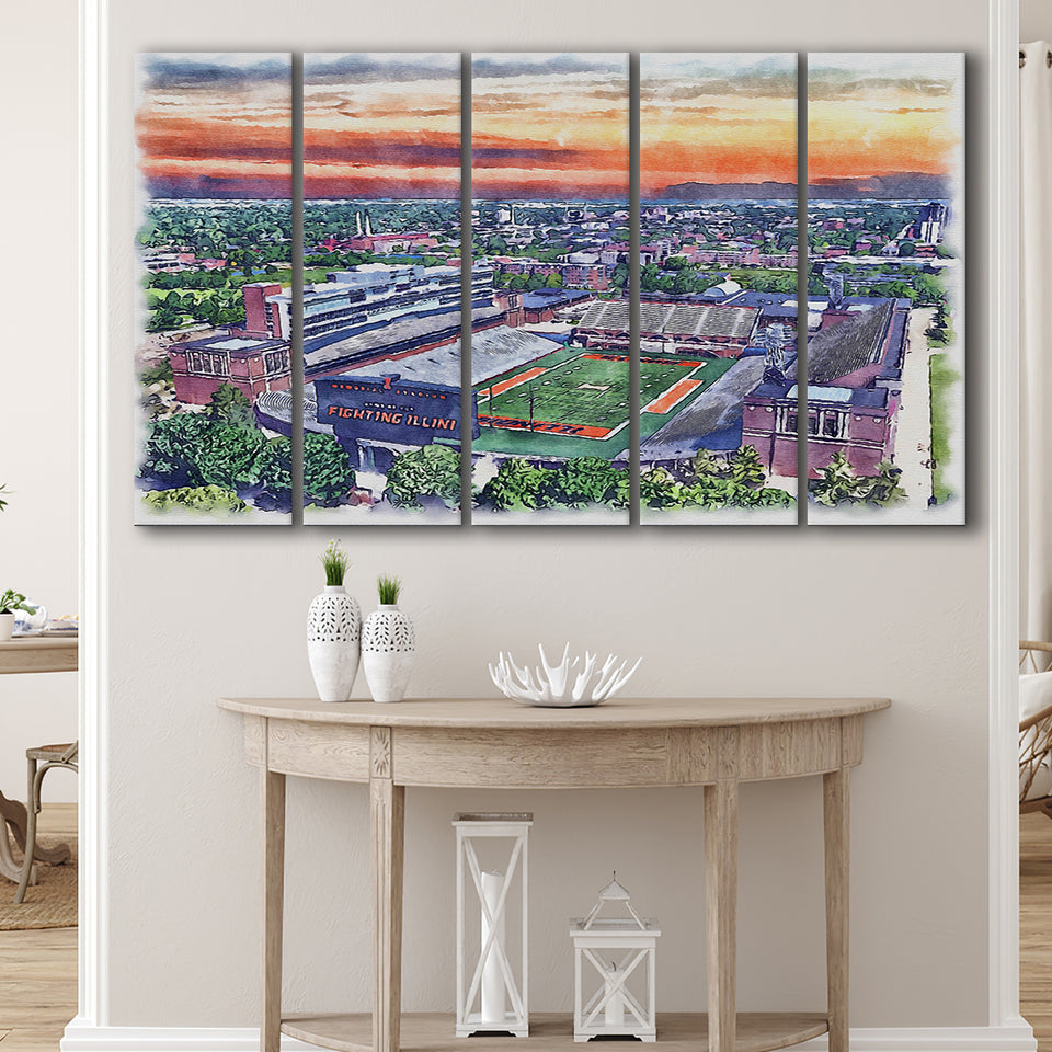 Illinois Fighting Illinois Memorial Stadium Watercolor, 5 Pieces B, Multi Panel Canvas Prints Wall Art Decor