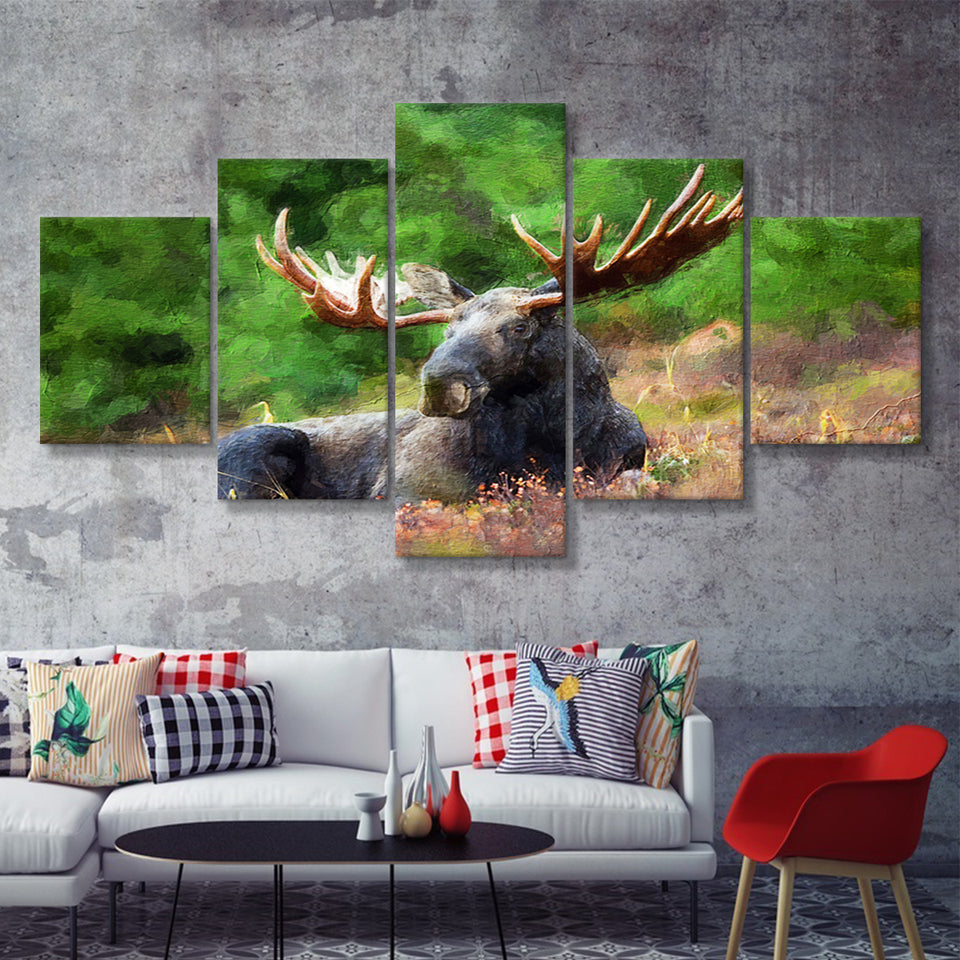 Image of Large Elk in the Wild Huge Elk on a Forest Lawn 5 Piece Canvas Prints Wall Art Decor - Painting Canvas, Multi Panels