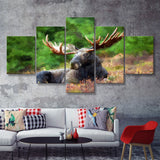 Image of Large Elk in the Wild Huge Elk on a Forest Lawn 5 Piece Canvas Prints Wall Art Decor - Painting Canvas, Multi Panels