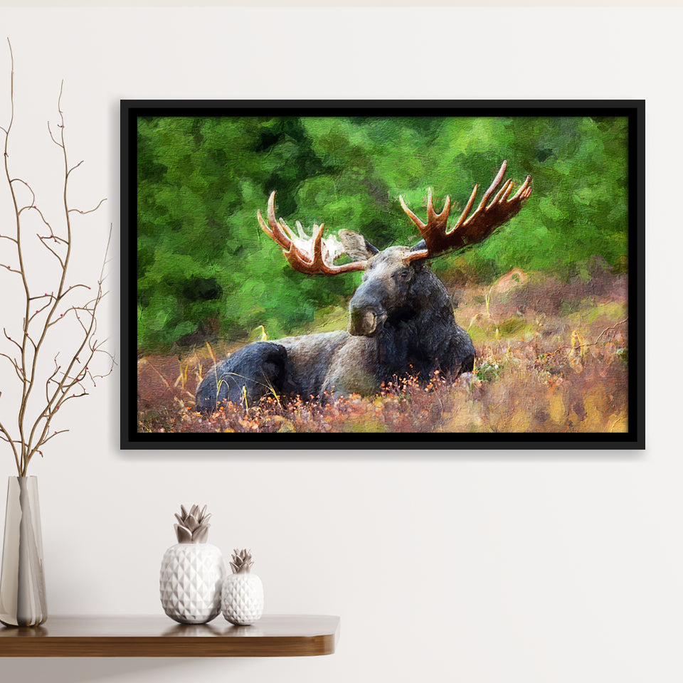 Image of Large Elk in the Wild Huge Elk on a Forest Lawn Framed Canvas Prints Wall Art Decor - Paiting Canvas, Art Prints, Floating Frame