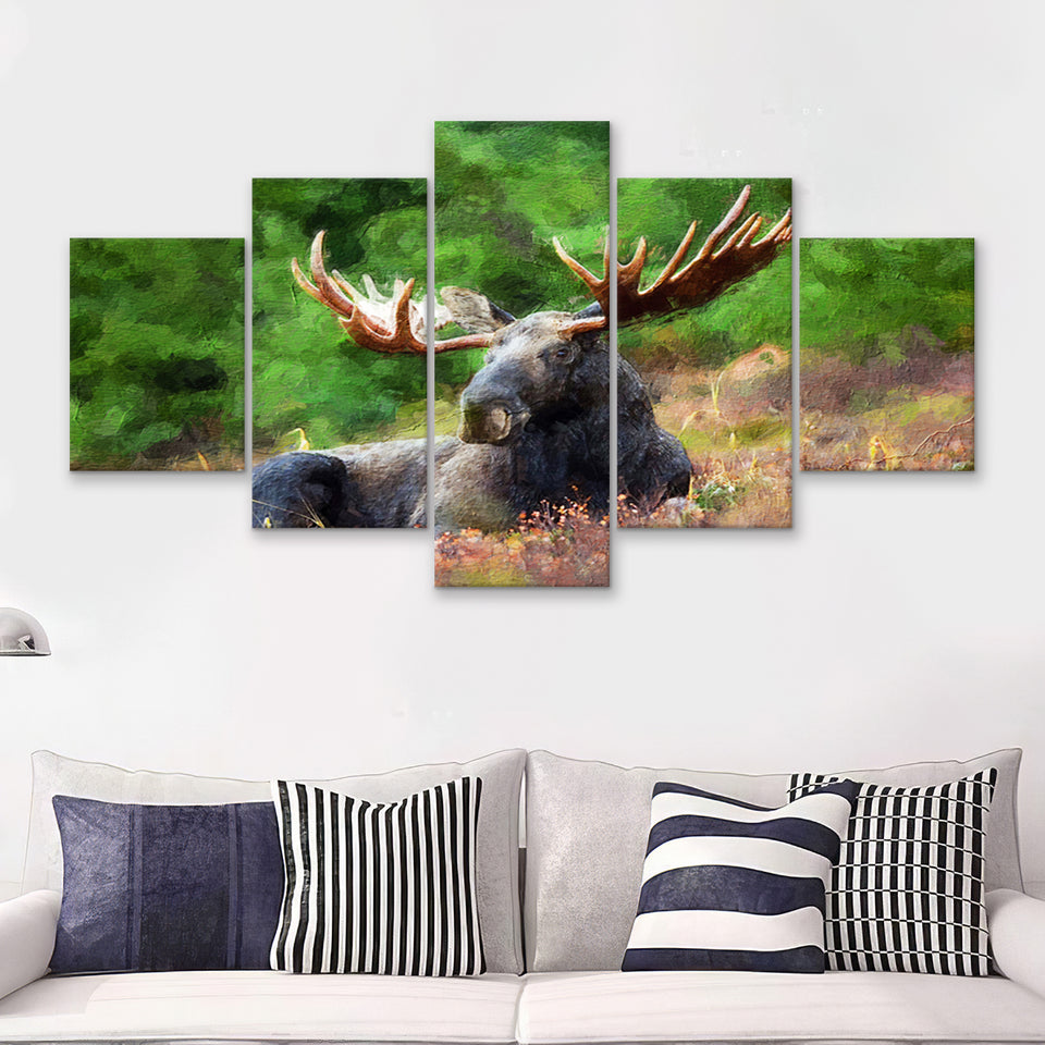 Image of Large Elk in the Wild Huge Elk on a Forest Lawn 5 Piece Canvas Prints Wall Art Decor - Painting Canvas, Multi Panels