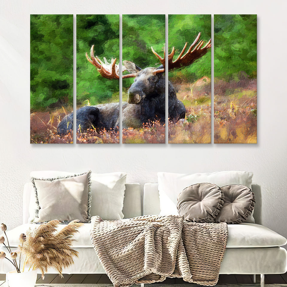 Image of Large Elk in the Wild Huge Elk on a Forest Lawn 5 Piece B Canvas Prints Wall Art Decor - Painting Canvas, Multi Panels