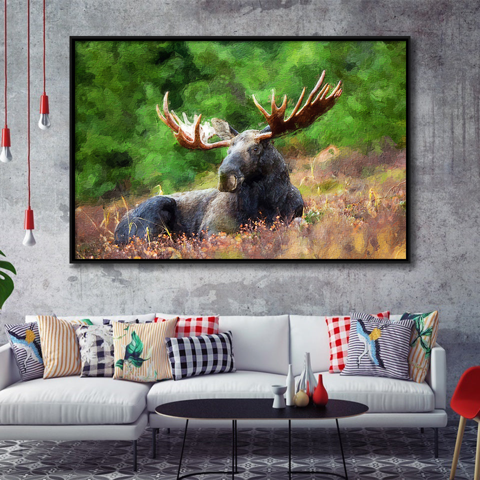 Image of Large Elk in the Wild Huge Elk on a Forest Lawn Framed Canvas Prints Wall Art Decor - Paiting Canvas, Art Prints, Floating Frame