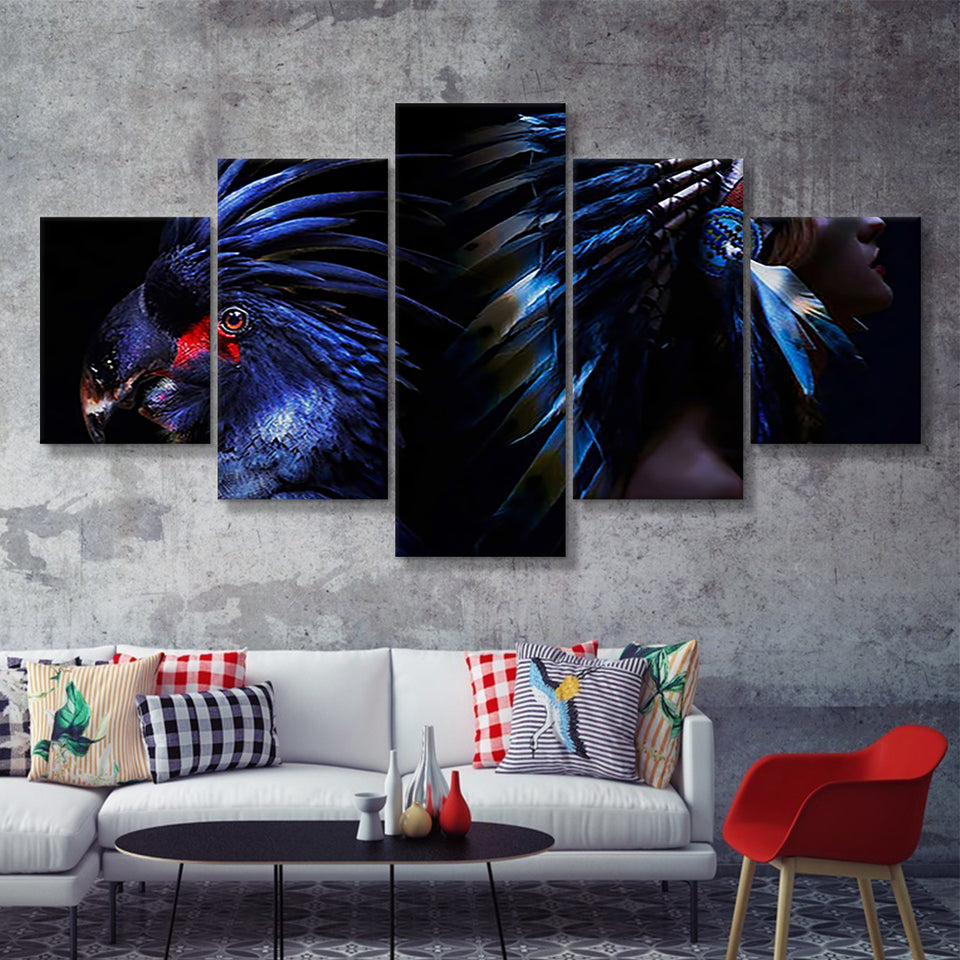 Indian American Woman In Ethnic Feathers Art 5 Pieces Canvas Prints Wall Art - Painting Canvas, Multi Panels, Wall Decor
