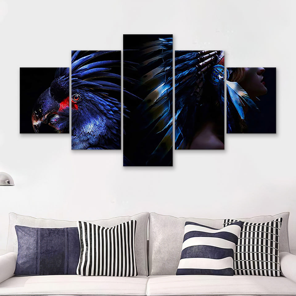 Indian American Woman In Ethnic Feathers Art 5 Pieces Canvas Prints Wall Art - Painting Canvas, Multi Panels, Wall Decor