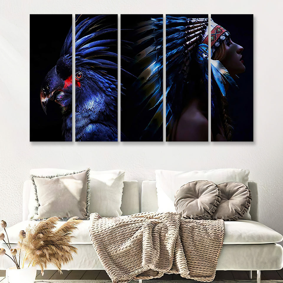 Indian American Woman In Ethnic Feathers Art 5 Pieces B Canvas Prints Wall Art - Painting Canvas, Multi Panels, Wall Decor