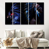 Indian American Woman In Ethnic Feathers Art 5 Pieces B Canvas Prints Wall Art - Painting Canvas, Multi Panels, Wall Decor