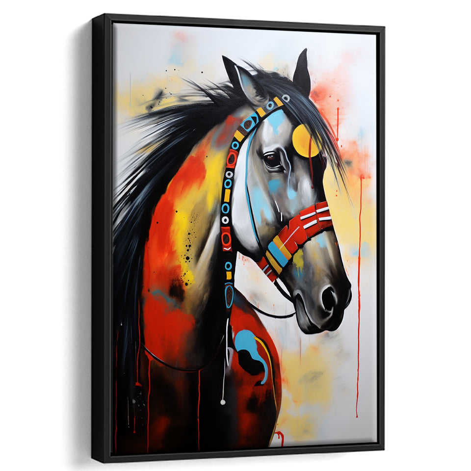 Indian Horse Warrior Acrylic Painting Portrait Art,Framed Canvas Prints,Floating Frame, Wall Art Home Decor