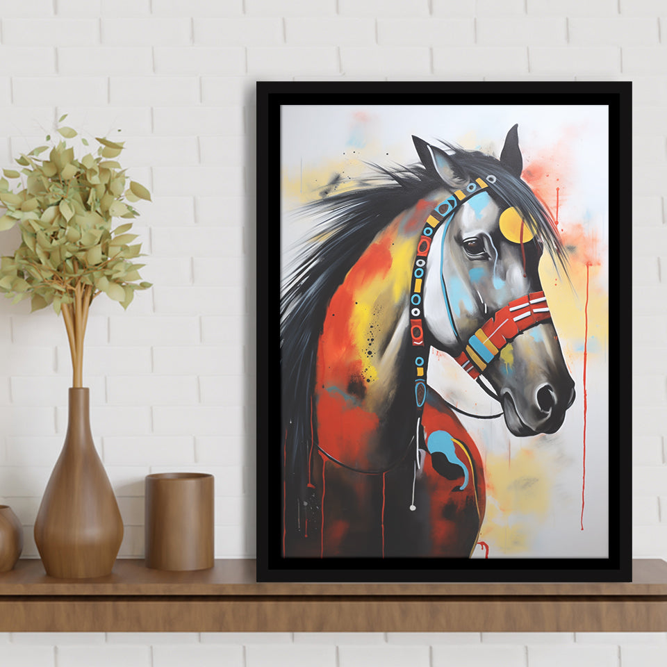 Indian Horse Warrior Acrylic Painting Portrait Art,Framed Canvas Prints,Floating Frame, Wall Art Home Decor