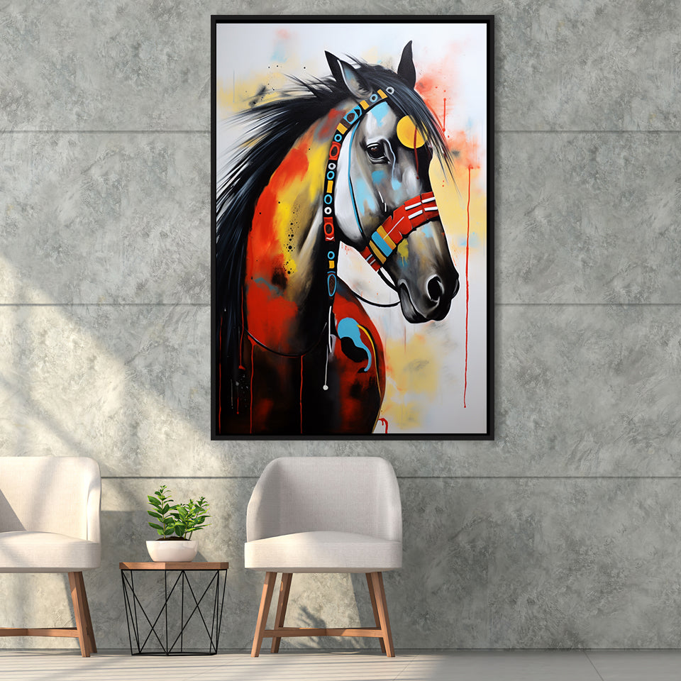 Indian Horse Warrior Acrylic Painting Portrait Art,Framed Canvas Prints,Floating Frame, Wall Art Home Decor