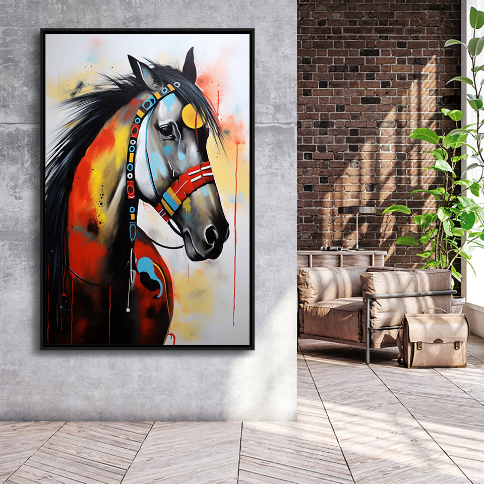 Indian Horse Warrior Acrylic Painting Portrait Art,Framed Canvas Prints,Floating Frame, Wall Art Home Decor