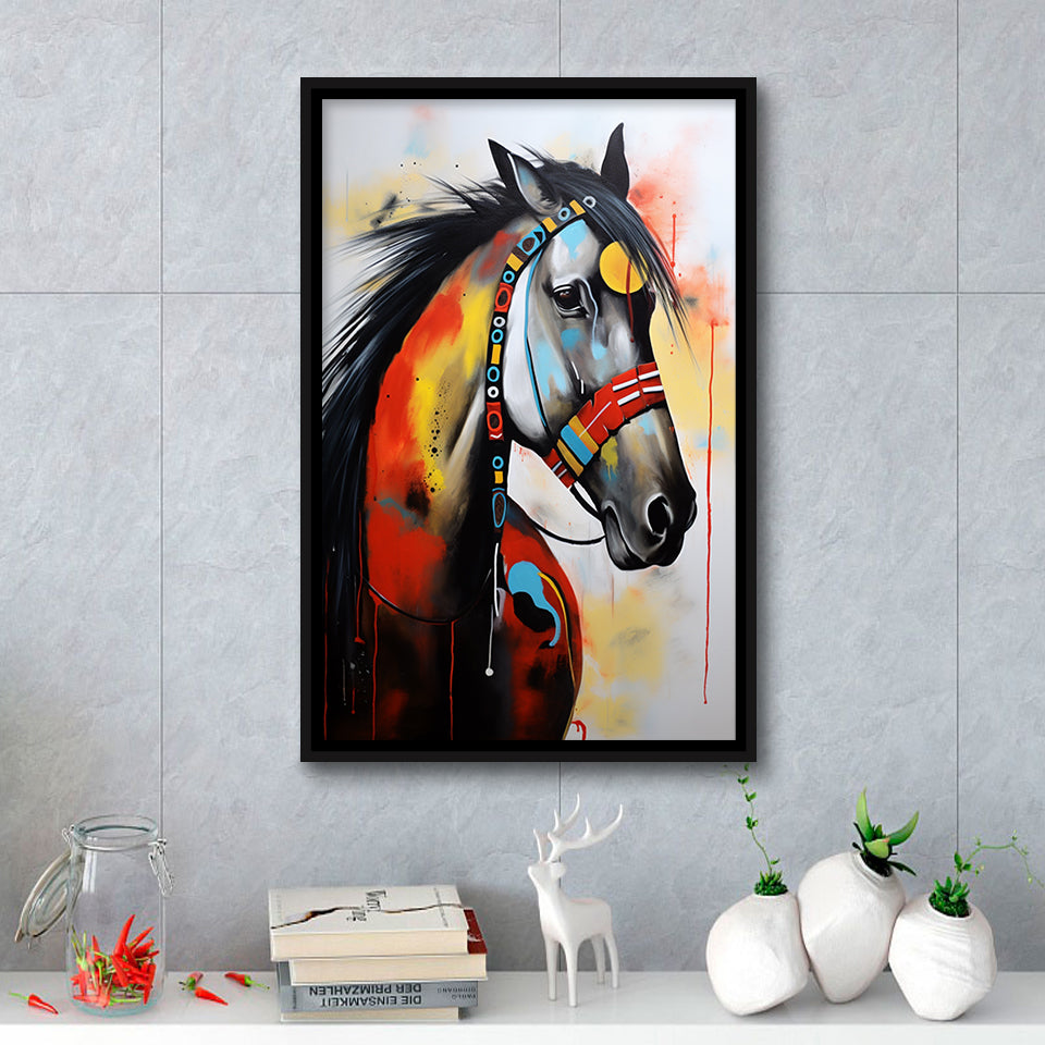 Indian Horse Warrior Acrylic Painting Portrait Art,Framed Canvas Prints,Floating Frame, Wall Art Home Decor