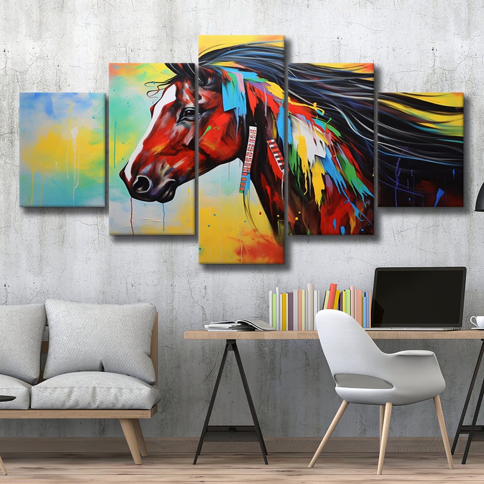 Indian Horse Warrior Colorful Oil Painting Art Mixed 5 Panel Large Canvas Prints Wall Art Decor