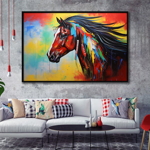 Indian Horse Warrior Colorful Oil Painting Art, Framed Canvas Prints Wall Art Decor, Floating Frame