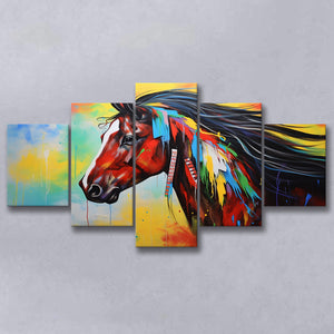 Indian Horse Warrior Colorful Oil Painting Art Mixed 5 Panel Large Canvas Prints Wall Art Decor