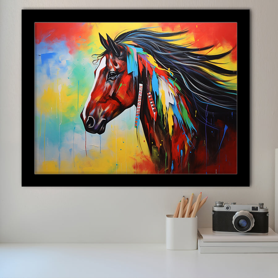 Indian Horse Warrior Colorful Oil Painting Art Framed Art Prints Wall Decor, Framed Painting Art