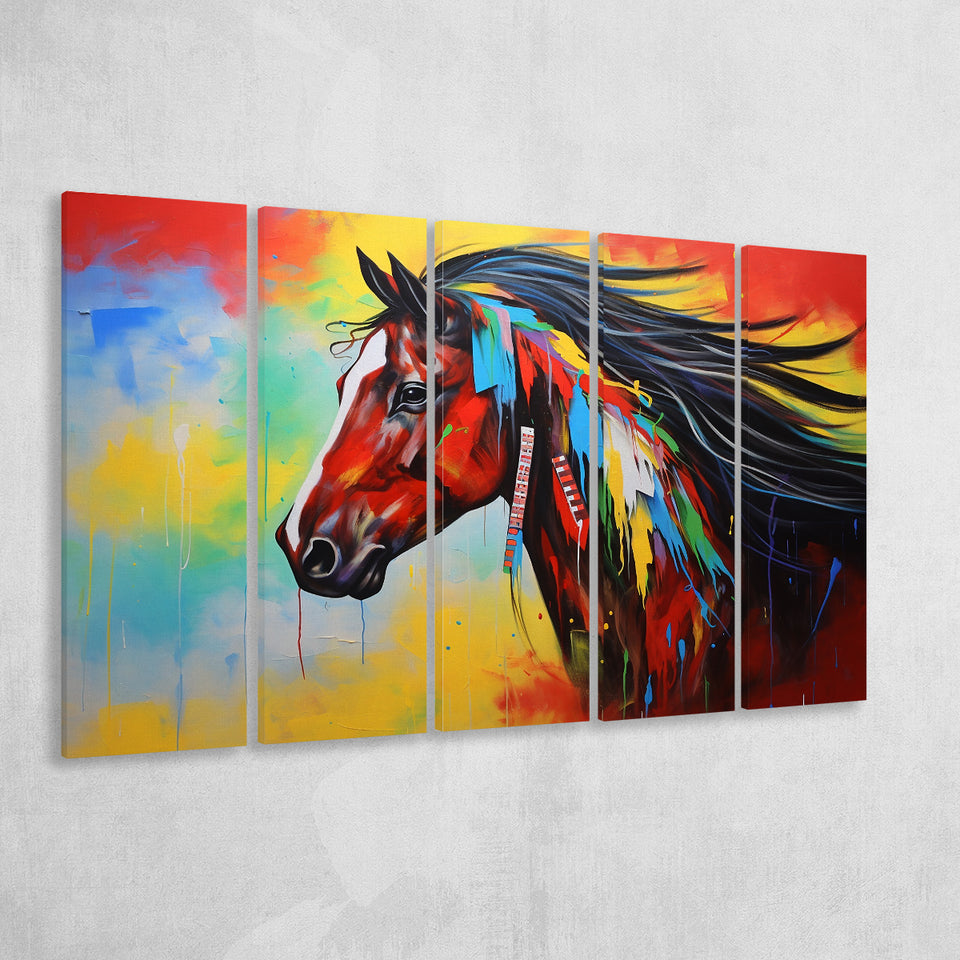 Indian Horse Warrior Colorful Oil Painting Art,5 Panel Extra Large Canvas Prints Wall Art Decor