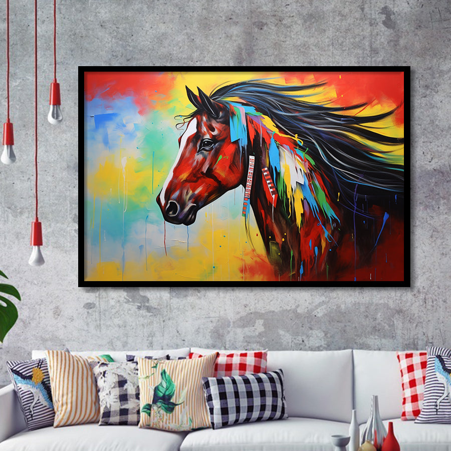 Indian Horse Warrior Colorful Oil Painting Art Framed Art Prints Wall Decor, Framed Painting Art