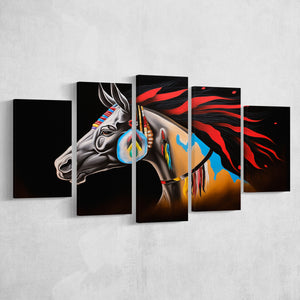 Indian Horse Warrior Oil Painting Black Background Mixed 5 Panel Large Canvas Prints Wall Art Decor