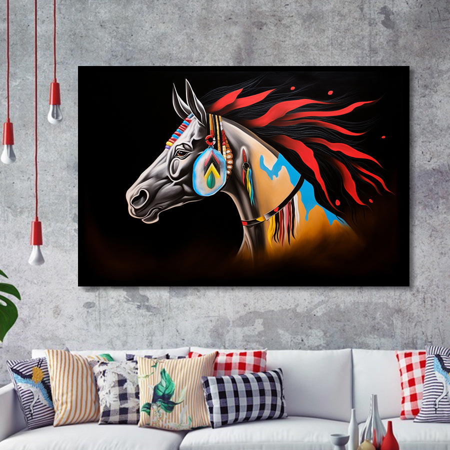 Indian Horse Warrior Oil Painting Black Background Framed Art Prints Wall Decor, Framed Painting Art