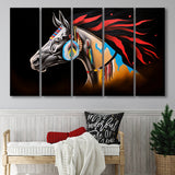 Indian Horse Warrior Oil Painting Black Background,5 Panel Extra Large Canvas Prints Wall Art Decor