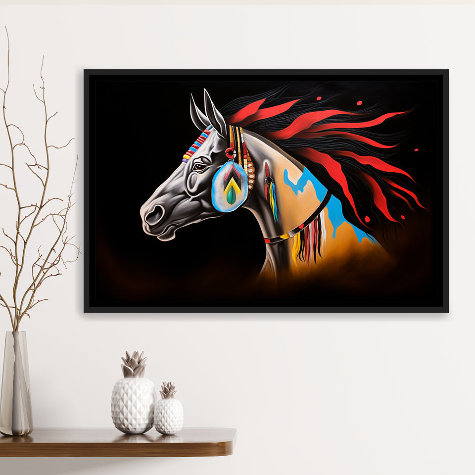 Indian Horse Warrior Oil Painting Black Background, Framed Canvas Prints Wall Art Decor, Floating Frame