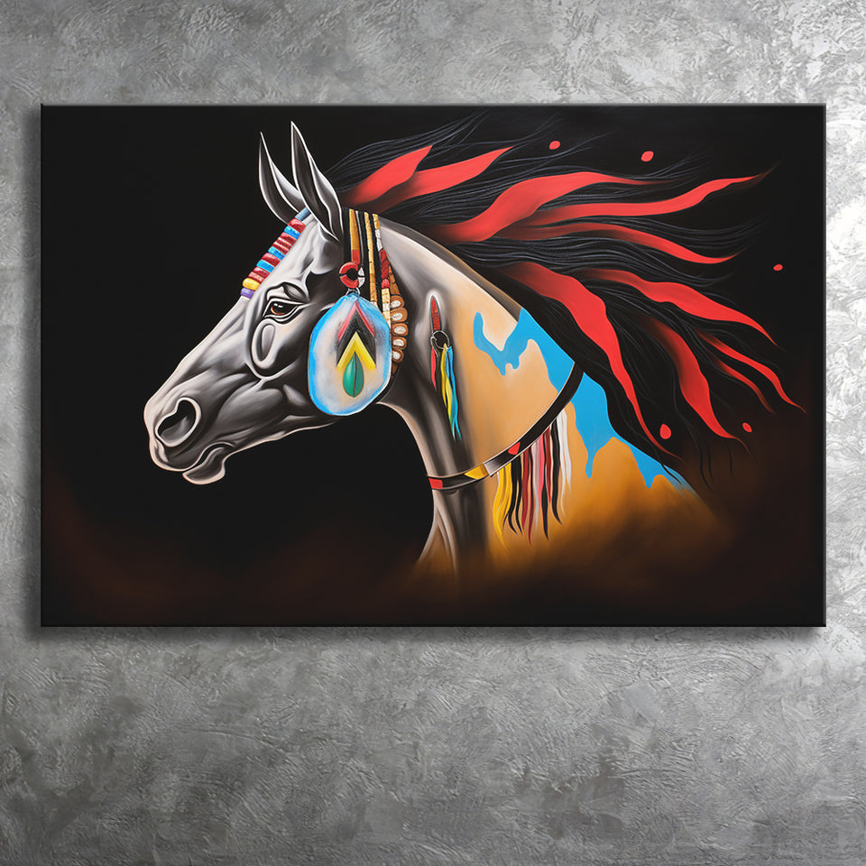 Indian Horse Warrior Oil Painting Black Background Canvas Prints Wall Art, Painting Art Home Decor